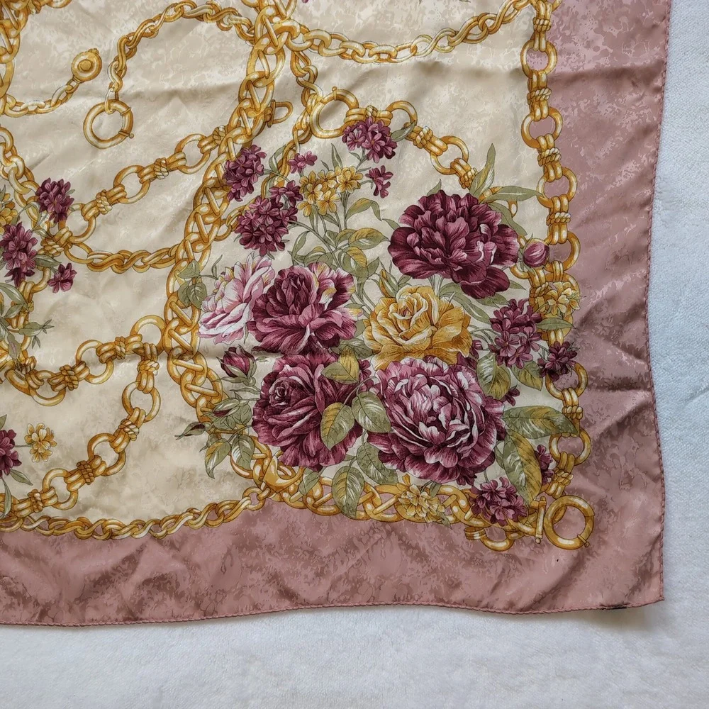 Italian 100% Silk Seta Scarf Pink Floral Gold Chain Jacquard Square 34.5